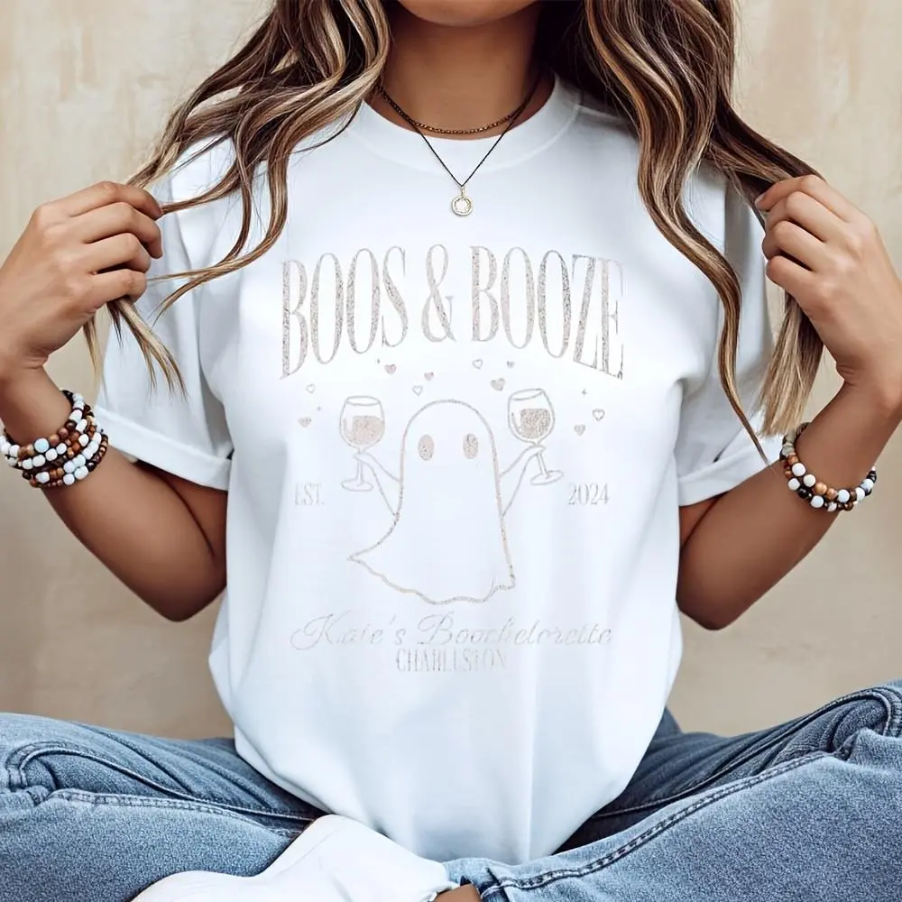 Boos And Booze Ghost Wine Glass Print T-Shirt, Halloween Bachelorette Party Shirt