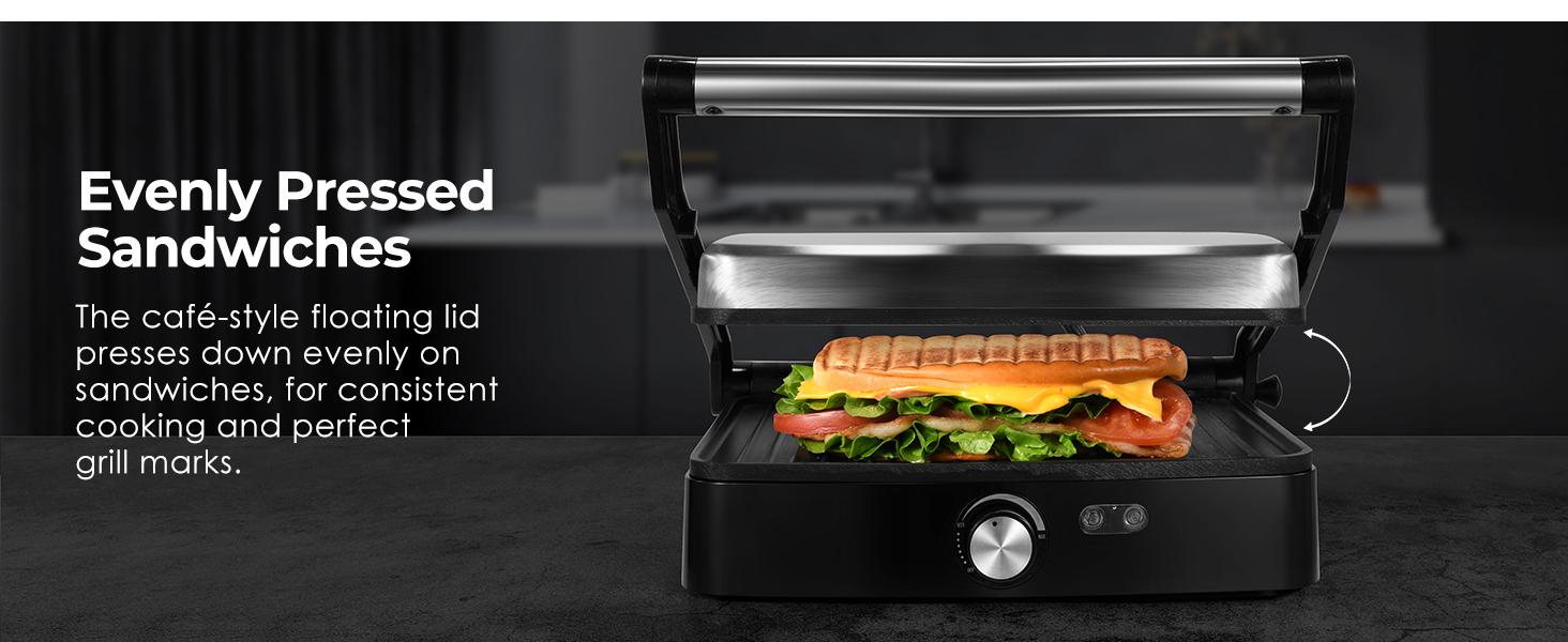 OSTBA Panini Press Grill with Adjustable Temperature 4-Slice Indoor Grill 180° Open Sandwich Maker Non-Stick Plates Stainless Steel 1200W Cast Aluminum Panini Press