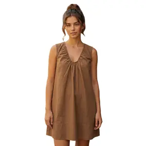 Summer Dress for Women Tank Dress Sleeveless V Neck Solid Color Loose Beach Dresses with Pocket