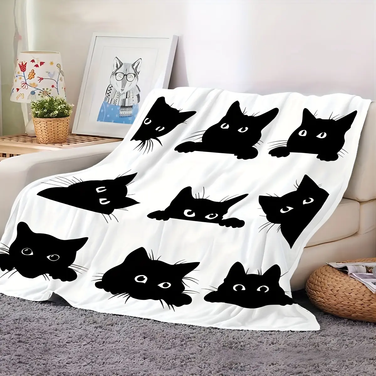 Soft Fluffy Cozy Lightweight Breathable Black Cat Blanket - 280GSM Air Conditioning Nap Blanket, Sofa Throw for Home, Office Use, Cozy Blanket, Lightweight Breathable Blanket