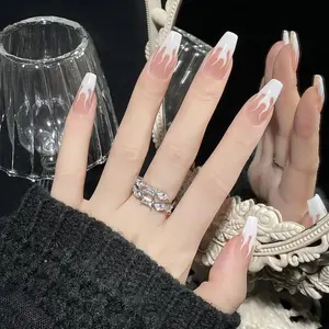 TikTok Viral Glow-in-the-Dark Press-On Nails White Flame & Nude Pink Gradient Long Coffin Shape Easy Apply Reusable Perfect for Party Club Night Out Nano Technology Universal Fit
