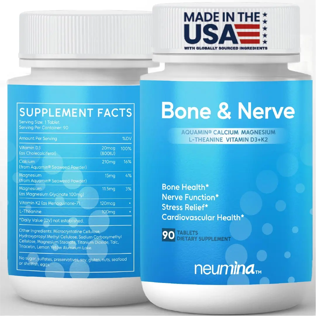 Neumina Bone & Nerve Complex - AQUAMIN Calcium, Magnesium, L-Theanine, Vitamin D3+K2 for Bone Health, Nerve Function, Stress Relief - 90 Tablets Supplement
