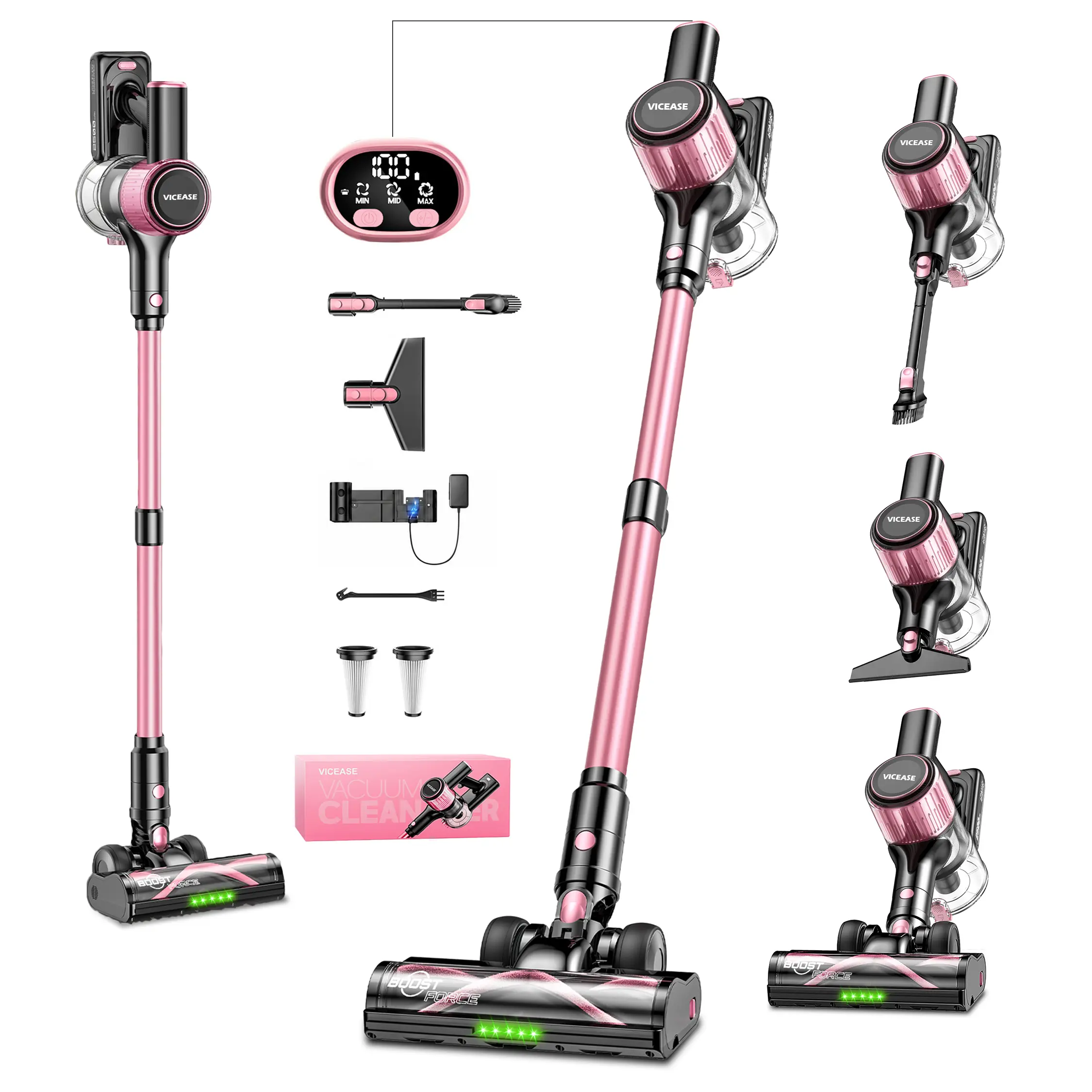 VICEASE Upgraded Cordless Rechargeable High Power Stick Vacuum Cleaner, 450W, 40kPa Suction, Up to 55 Mins Runtime, Self-Standing 8-in-1 with LED Display, Anti-Tangle & 1.5L Dust Cup for Hard Floors, Carpets, Pet Hair, Cordless Rechargeable Vacuum,techvib