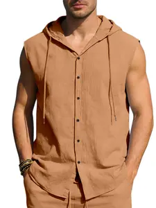 Men's Breathable Linen Hooded Vest Top, Sleeveless Button-Up Casual Summer Beach Tank, Summer Breathable Hoodie (multiple Colors)