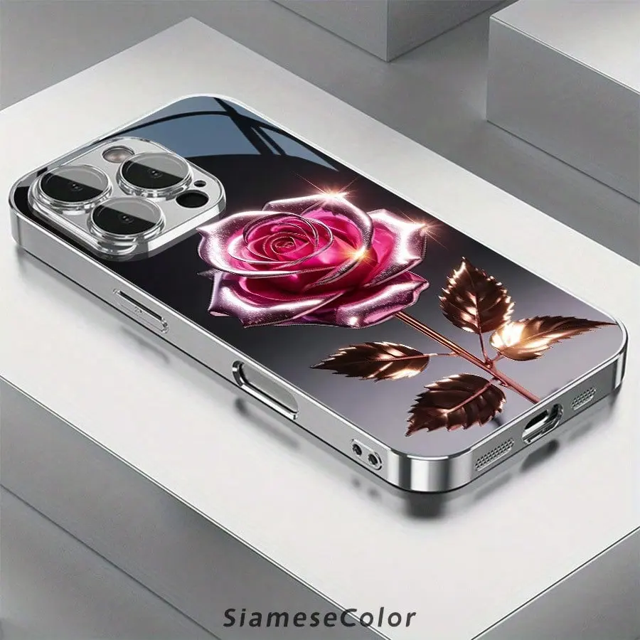 SiameseColor Metallic Rose Pattern Phone Case for iPhone Air 17 16 Pro Max 15 14 Plus 13 12 11 Anti-slip Lightweight Trendy Unisex Design Cellphone Smartphone Cover Protection