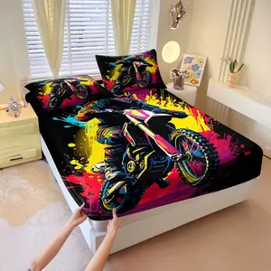 Neon Motocross Dirt Bike Fitted Sheet Set Includes 1 Fitted Sheet & 2 Pillowcases without Filler, Complete Set, Super soft & adrenaline-charged, explodes with cyberpunk splash paint, glowing bike & electric energy. Rev up epic racing dreams every night!