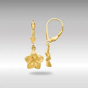 14K Gold Satin and Diamond-Cut Plumeria Dangle Leverback Earrings Model-FB561E