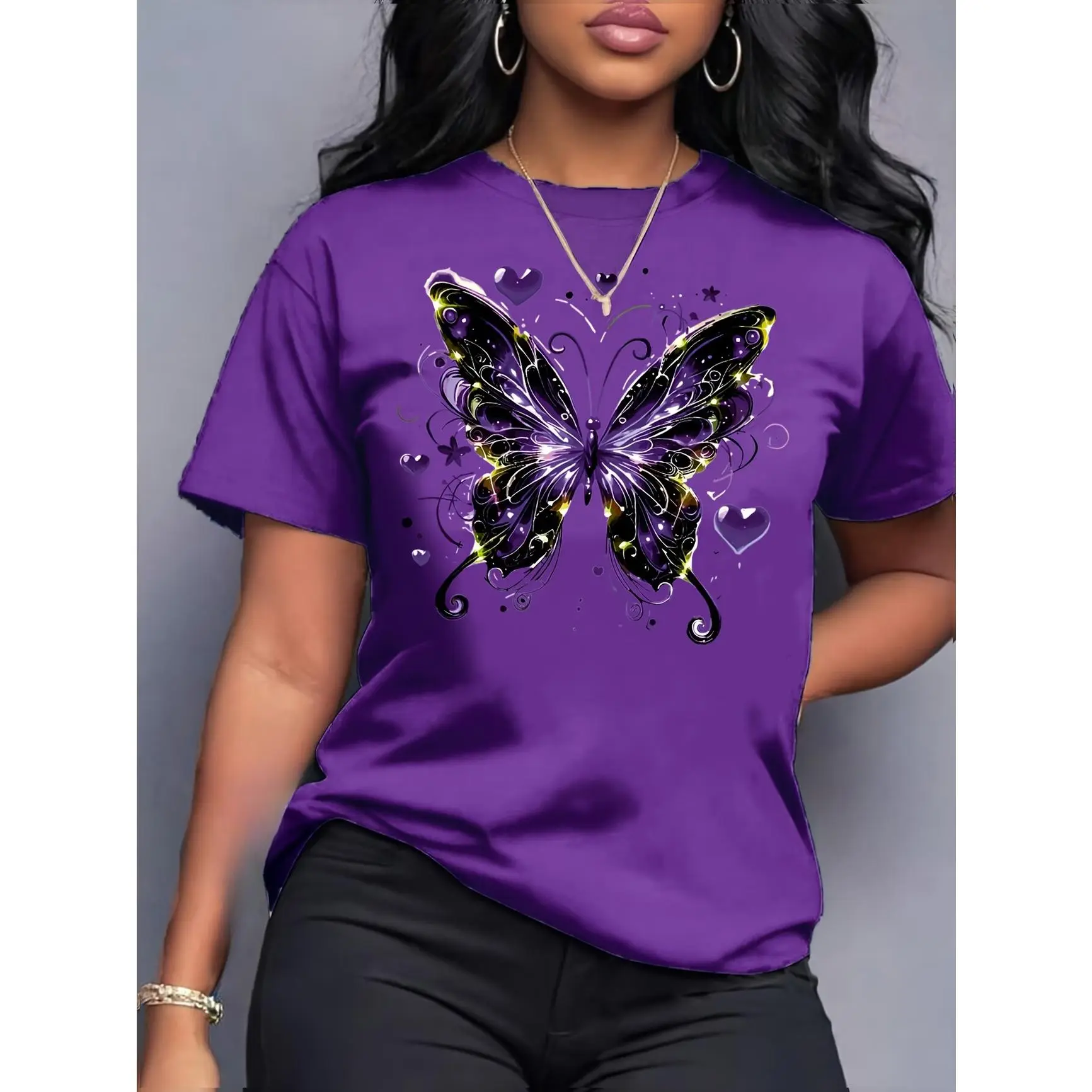 Bow Graphic Cotton T-Shirt For Women, Cute Butterfly Print Crew Neck Outfit, Comfort Oversized Fashion Tee, Perfect Valentine's Day Spring Fall Gift For Her