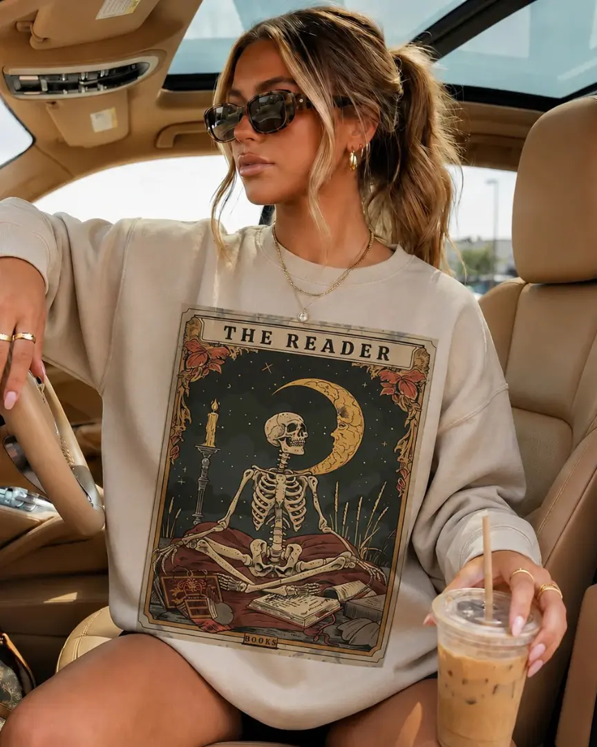 The Reader Sweatshirt, Skeleton Tarot Card Book Lover Crewneck, Gothic Reader Pullover, Moon Books Graphic, Bookworm Gift