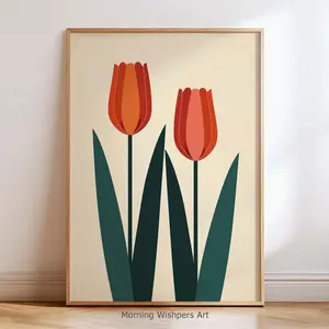 Mid Century Modern Tulip Wall Art Print, Minimal Floral Botanical Poster, Scandinavian Retro Flower Artwork for Living Room Bedroom Decor | Unframed 8