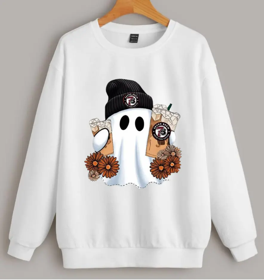 Cute Ghost Iced 7brew Coffee Shirt - Sweatshirt, Fall Vibes Halloween Shirt, Coffee Lover T-Shirt, Funny Coffee Shirt, Trendy Café Sweater, Cute Coffeeholic Tee