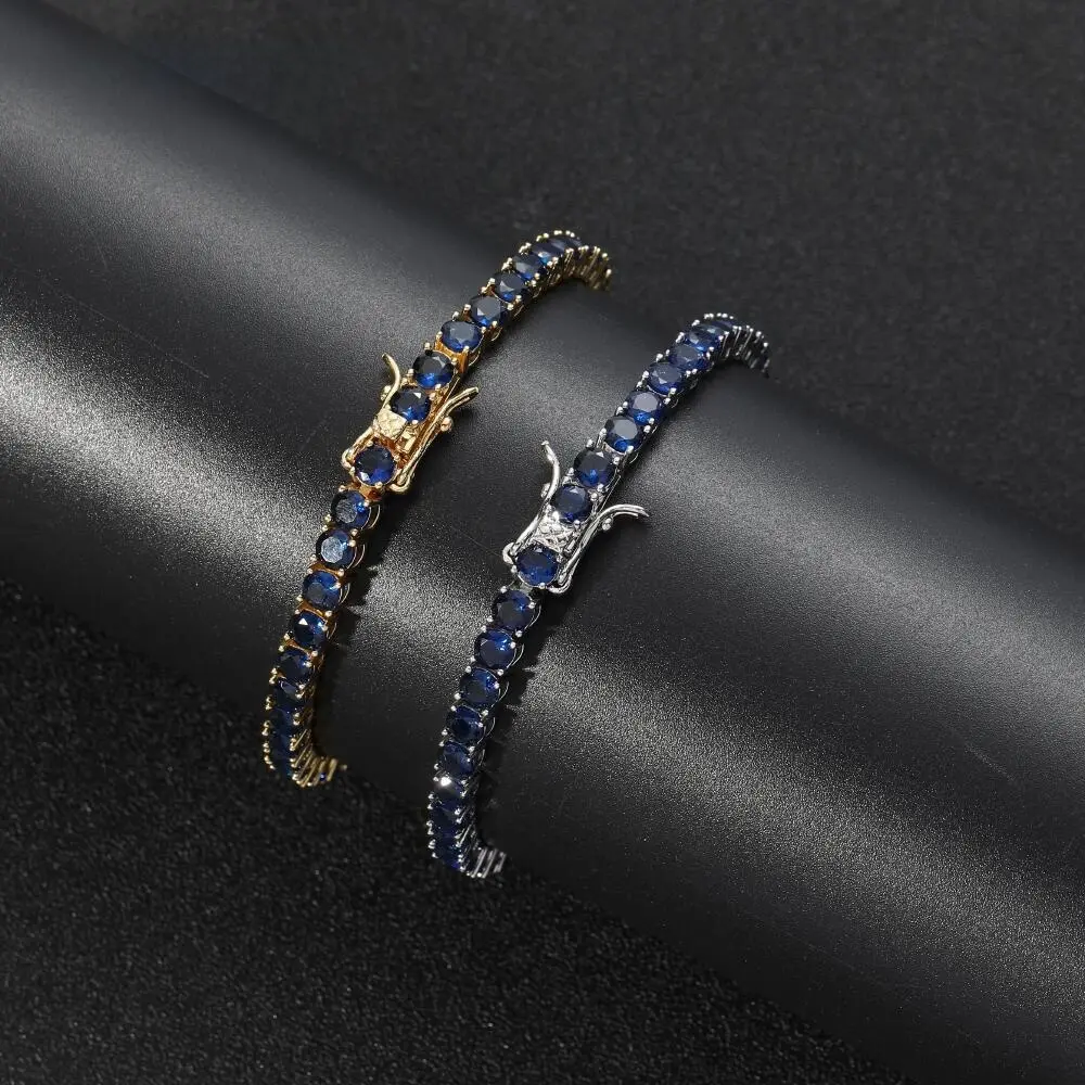 Unisex Hip Hop Tennis Bracelet, 4mm Single-Row Blue Rhinestone, Brass Chain Jewelry for Casual Wear, 7-8 Inch, Crystal Rhinestones Bracelets & Bangles