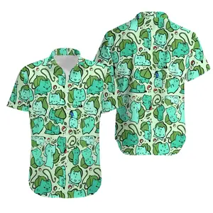 Funny Bulbasaur Anime Hawaiian Shirt Men's Cute Seed Pokémon Print Short Sleeve Button Down Aloha Shirt Otaku Geek Gift Summer Top
