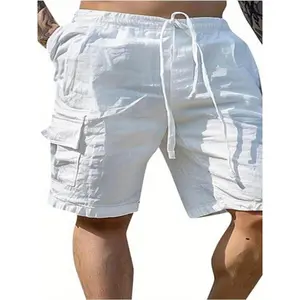 Men's Casual Cotton-Blend Cargo Shorts With Pockets - Solid White Drawstring Loose Joggers For Summer, Beach, And Streetwear, Beach Shorts | Casual Drawstring Shorts | Lightweight Fabric Linen Menswear