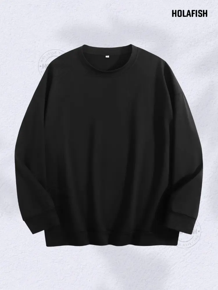 Holafish Men's Casual Classic Cotton Oversized Round Neck Sweatshirt Tops - Soft, Stretchy Spandex, Breathable Plain Fabric, Relaxed Fit, All-Season Lightweight Pullover, Outdoor Cargo Layer-Friendly, Machine Washable for Daily Wear/Lounging