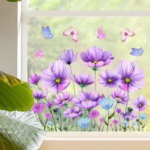 Butterfly & Floral Pattern Static Cling Window Sticker, 2 Counts/set Removable Window Decal, Decorative Sticker for Home Living Room Bedroom, Sticker Decoration, Flower