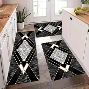 Bohemian Chic 3pcs Irregular Diamond Pattern Soft Sponge Absorbent Non-Slip Kitchen Rugs Machine Washable for Bathrooms Bedrooms Kitchens Living Rooms Entryways