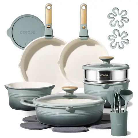 [Official]CAROTE 22Piece Gradient Color Ceramic Cookware Set Nonstick with Detachable Handle,Steamer, Utensils Set, Big Capacity