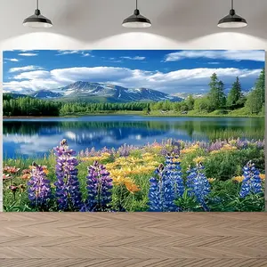 60in x 40in 1pc Vibrant Spring Forest & Lake Scenic Polyester Photo Backdrop - No Electricity Needed, Easy to Hang, Perfect for Home, Room, Wall, or Yard Decor with Lush Greenery & Wildflowers, Outdoor Decorations