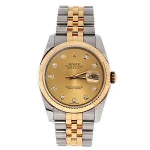 Pre-owned Rolex Oyster Perpetual Datejust Automatic Watch Stainless Steel and Yellow Gold with Diamond Markers 36 by Rebag