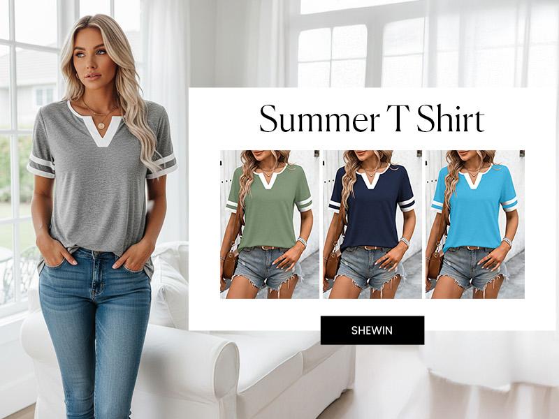 Shewin 2026 Spring/Summer Women's Casual Colorblock V-Neck T-Shirt - White with Black Trim, Short Sleeve Loose Fit Top with Striped Cuffs, Breathable Cotton Blend for Daily Wear SpringStatements Shewin 2026 Spring/Summer Women's Casual Colorblock V-Neck T-Shirt - White with Black Trim, Short Sleeve Loose Fit Top with Striped Cuffs, Breathable Cotton Blend for Daily Wear SpringStatements