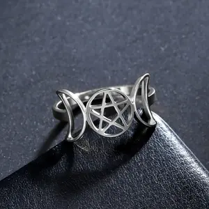 RINGLUX - COOLTIME Pentagram Triple Moon Goddess Symbol Rings for Women Men Stainless Steel Crescent Star Ring Vintage Wicca Jewelry Gift