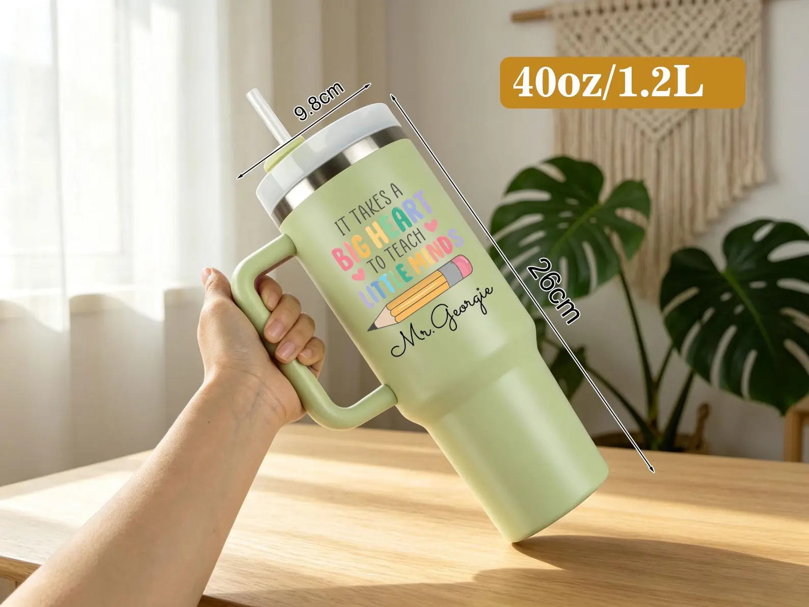 Personalized Teacher Appreciation Tumbler with Handle, 40oz and 20oz Insulated Stainless Steel Travel Mug, Custom Name Sage Green Cup, Back to School Gift