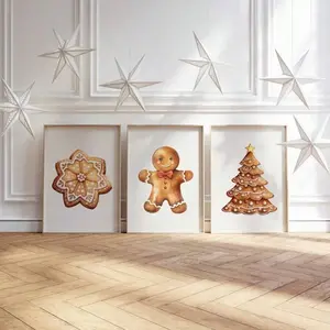Three-Piece Frameless Gingerbread Man Christmas Wall Art Decor, Holiday Party Decoration, Canvas Print, Unframed Art Print, Festive Style, Living Room Bedroom Bathroom Home Decor