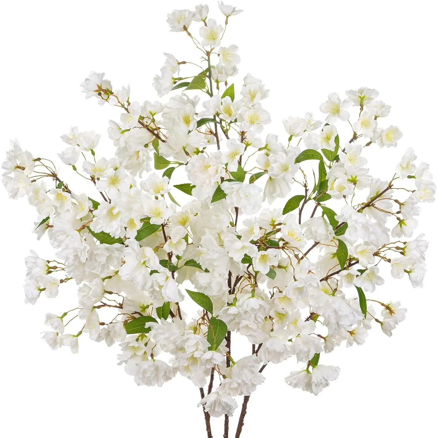 Decorative 3-Pc 41-in Contemporary Plastic Artificial Cherry Blossom Branches Set - 18.5-in White Faux Silk Florals, Bendable Stems, for Bedroom, Indoor-Outdoor Home Wedding Table Centerpiece Vase Arrangements (All Seasons Use)