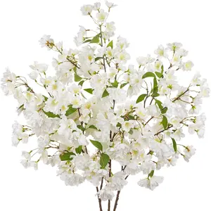 Artificial Cherry Blossom Branches 41" 3 Pc Faux Cherry Flowers White Fake Silk Flowers Artificial for Decoration Spring Peach Bouquet Table Centerpiece Decor Vase Home Wedding Kitchen Party Garden