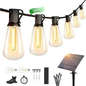 120FT Solar String Lights Outdoor with Remote, 2200K Soft Warm Patio Lights with 52 Shatterproof -Drop LED Filament ST38 Bulbs, Dimmable Outside Edison  Light for Backyard Deck Roof