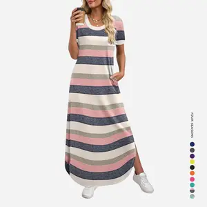 Women's Plain Pocket Round Neck Curved Hem Jersey Tee Dress Style, Casual Soft Short Sleeve Fit Long Dress for Summer, Ladies Clothes for Daily Wear