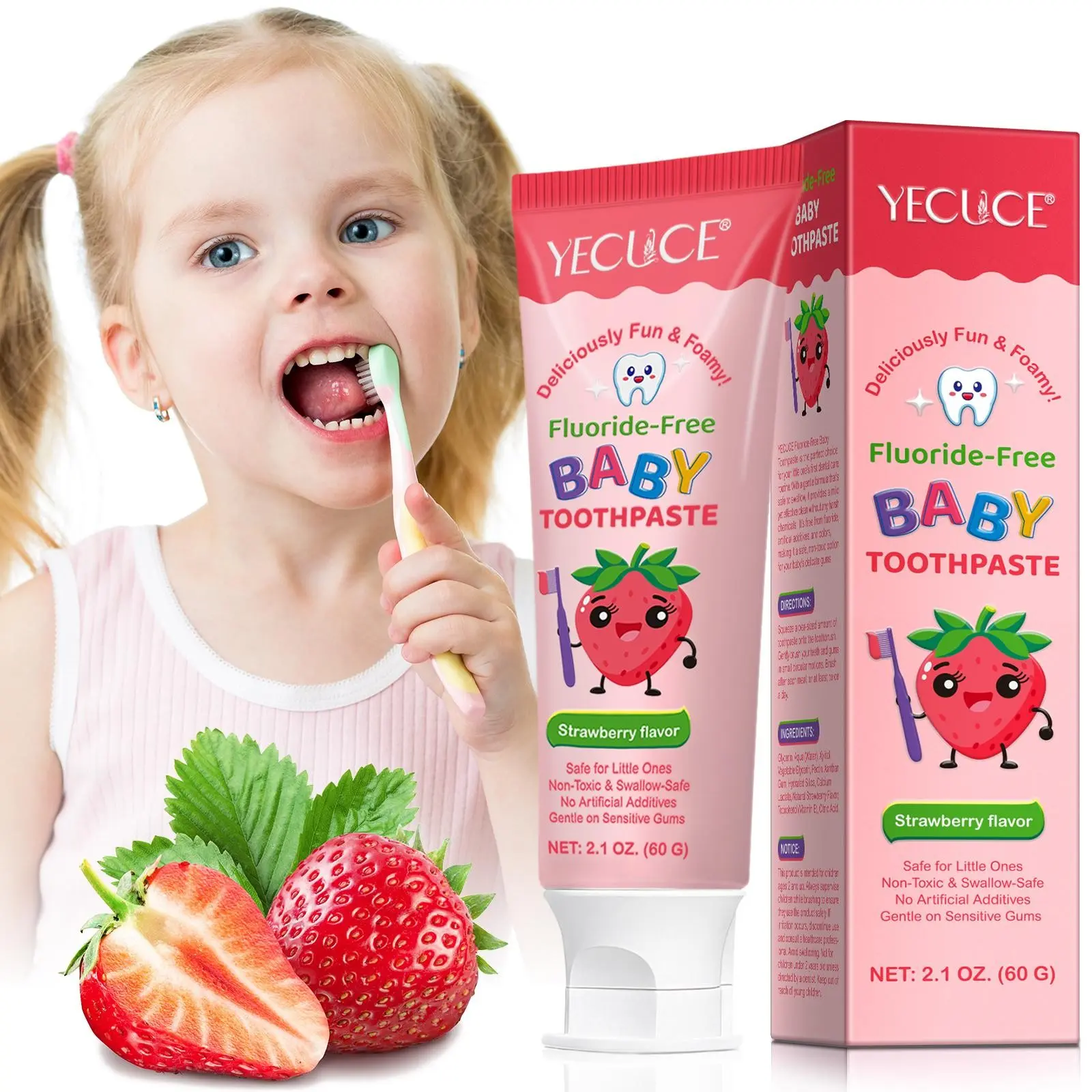 YECUCE Strawberry-Flavored Children's Toothpaste: With a sweet, fruity strawberry flavor and safe, reliable ingredients, it cleans teeth and is a favorite among kids.
