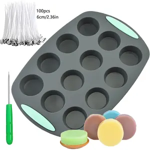 12 Grid Round Silicone Candle Mold & 100pcs Candle Wick & Tools Set, DIY Handmade Candle Making Tool Kit, Candle Making Supplies