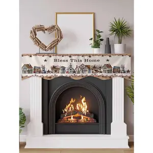 Fireplace Scarf Vintage Farmhouse Wooden Barn Quotes Mantel Scarf Fireplace Top Runner Mantle Scarves Cover,Stars Berry Fireplace Mantle Table Runner for Party Holiday Home Decor