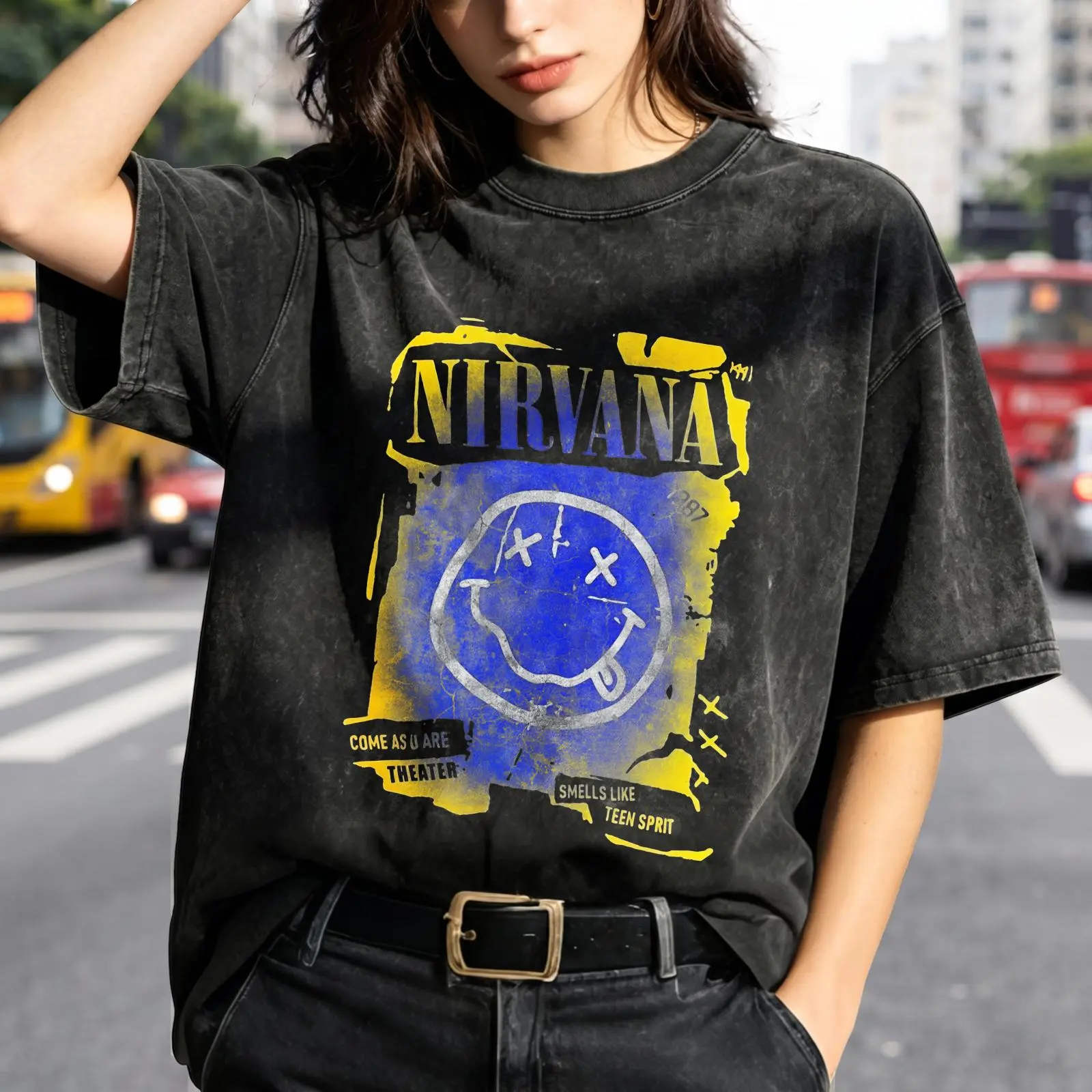 Nirvana Band Logo Women's Vintage Washed T-Shirt Nirvana Band Logo Print Oversized Graphic Tee Outdoor Casual Short Sleeve