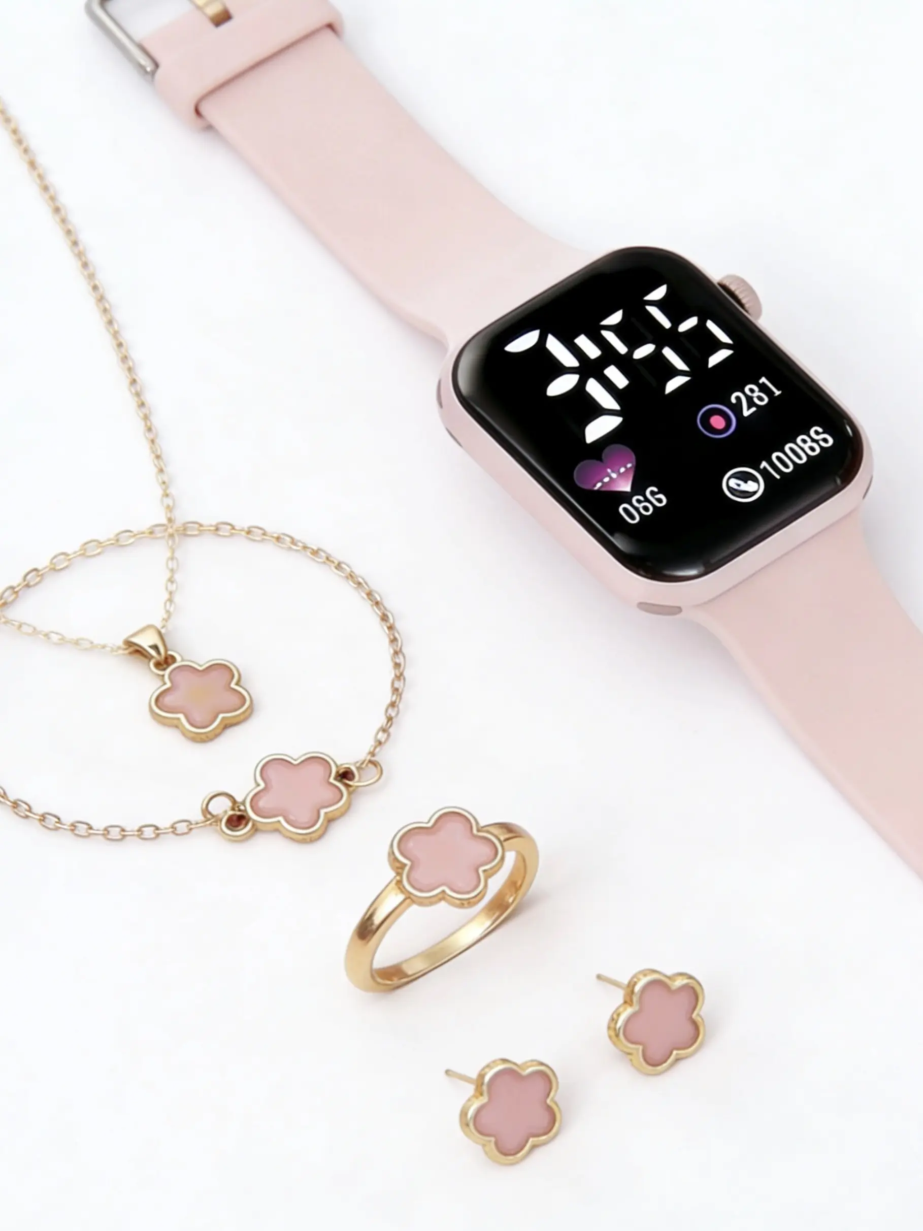 Fashion Sports Digital Watch Set + Clover Earrings Bracelet Necklace Ring Set, Perfect for Valentine's Day Easter Back-To-School Season