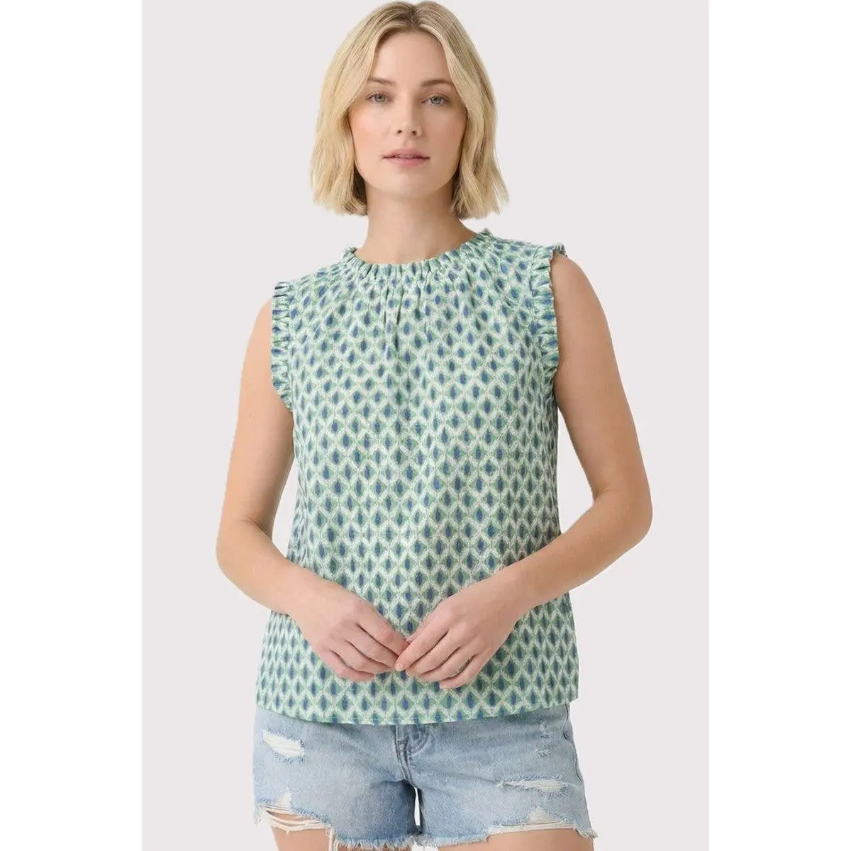 Women's Sleeveless Ruffled Geo Print Rayon Blouse - Nylon Blend, 2 Colors, Ideal for Pairing with Slacks, Versatile Shirts for Outfits Inspo