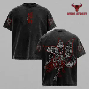 Kurama & The Knucklehead Ninja Vintage T-Shirt, Anime Graphic Tee, Acid Washed Oversized Streetwear Top, Unisex Casual, Gift For Anime Fans