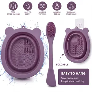 2-In-1 Bear Makeup Brush Cleaning Bowl, Portable Foldable Silicone Scrubber, Mask Application & Cleaning Tool Set, 2 Sets Included