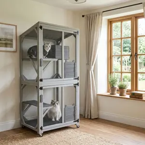 71.2" Tall Outdoor Cat Enclosure Catio with Wheels, Wooden Cat Cage, Multi-Level Cat House with Platforms, Lockable Doors & Removable PVC Mat