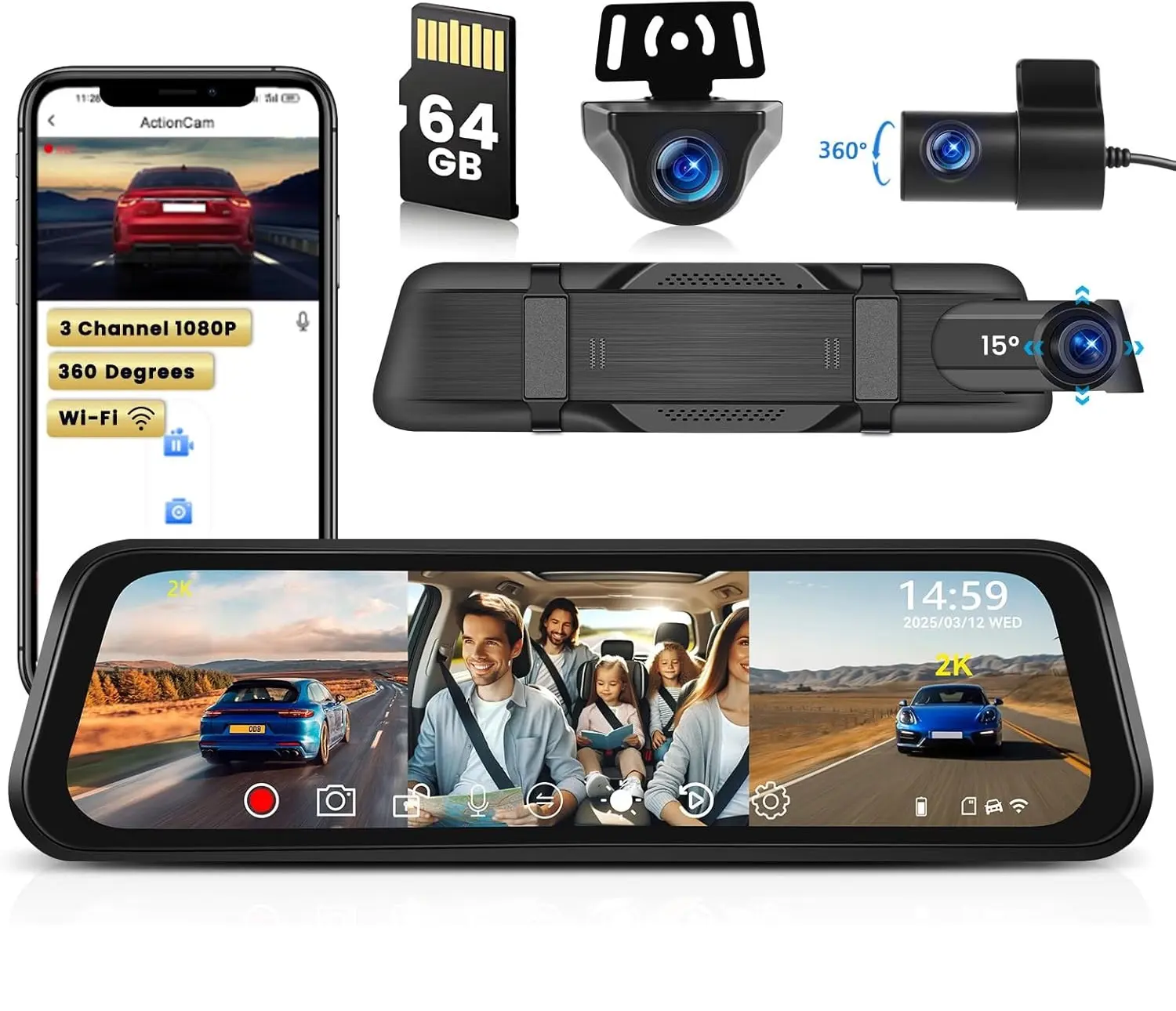 3 Channel 9.66" Mirror Dash Cam with Front 2K, Inside & Rear 1080P with WiFi, G-Sensor, Loop Record, Enhanced Night Vision, Reverse Assist, Parking Monitoring, Free 64GB Card, car accessories,SummerVibes
