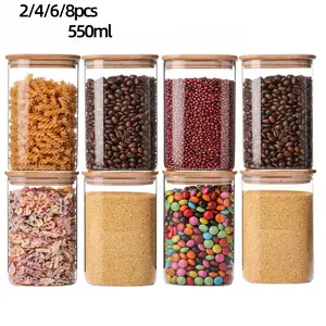 550ML Square Glass Storage Jars with Bamboo Lids, Airtight Canisters for Coffee, Candy, Oatmeal, Salad, Set of 2/4/6/8, Kitchen Food Containers