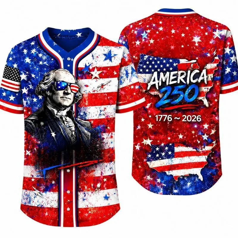Men’s Patriotic America 250 Baseball Jersey - 1776-2026 USA Flag, George Washington Print, Short Sleeve Button Down Top for 4th of July, Fourth of July Independence Day Freedom Party
