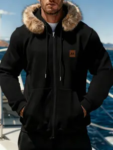 Men's Small Icon Print Hooded Jacket, Detachable Fur Collar, Winter Style Coat, Comfortable Daily Wear, Ideal for Cold Weather