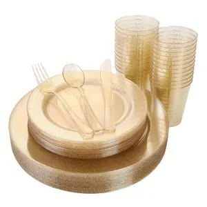 New 150PCS Gold Disposable Plates Silverware Gold Glitter Dinnerware Set Include 25 Dinner Plates 10.25 25 Dessert Plates 7.5 25 cups 10 OZ 25 Forks 25 Knives 25 Spoons for Wedding Party Plastic Round