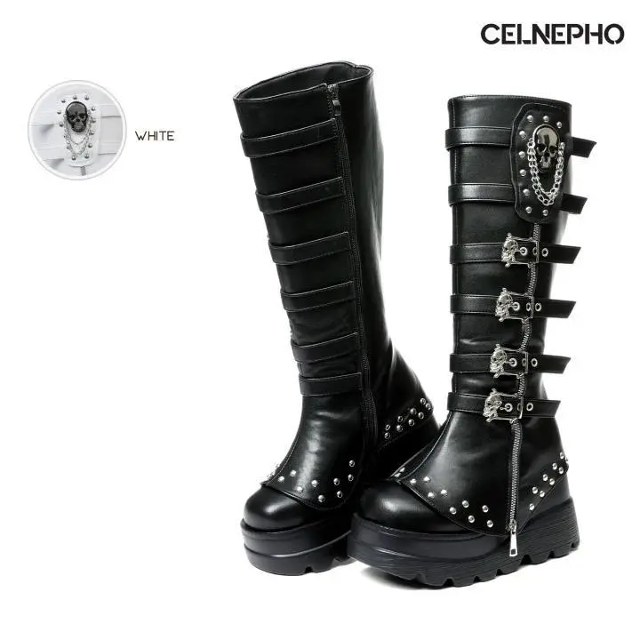 CELNEPHO Platform Go Go Knee High Boots for Women Goth Punk Round Toe Fashionable Rivets Chunky Block Heel Multiple Metal Buckle Side Zipper Closure for Cosplay Party Festival Dress Shoes
