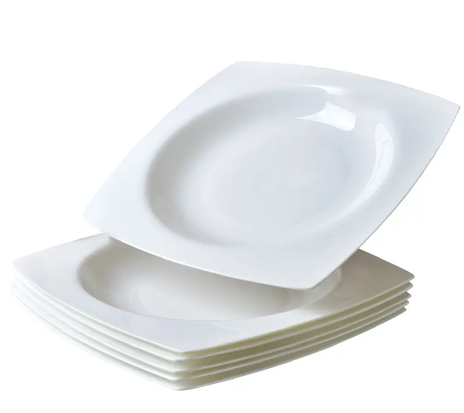 9.5 Inch Elegant White Square Bone China Serving Plates Set of 6, Traditional Classic Durable Raised Edges, Microwave & Dishwasher Safe for Pasta, Salad, Steak, Home Use