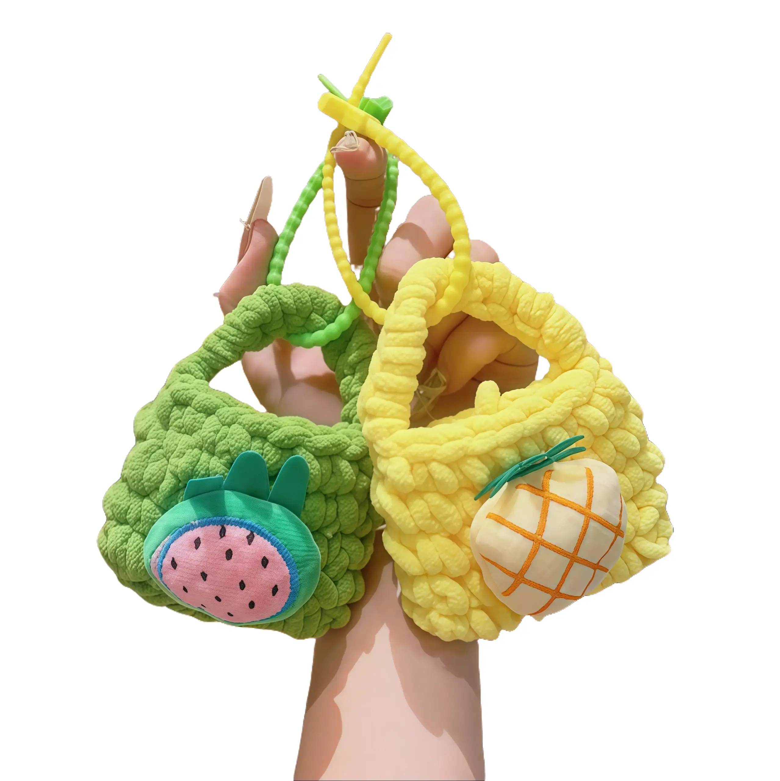 Handmade Crochet Fruit Mini Bag 2PCS, Cute Plush Earbud Pouch, Watermelon Pineapple Strawberry Carrot Keychain Purse, Aesthetic Woven Storage Bag for Keychain, Coin, Headphone, Crochet Plush Keychains, Kawaii Accessories, Whimsical Keychain Toys