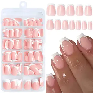 French Glossy False Press on Nails, 120pcs Short Square Fake Nails for Women, Artificial Ballerina Coffin Nail Tips, Full Cover Colorblock False Nail